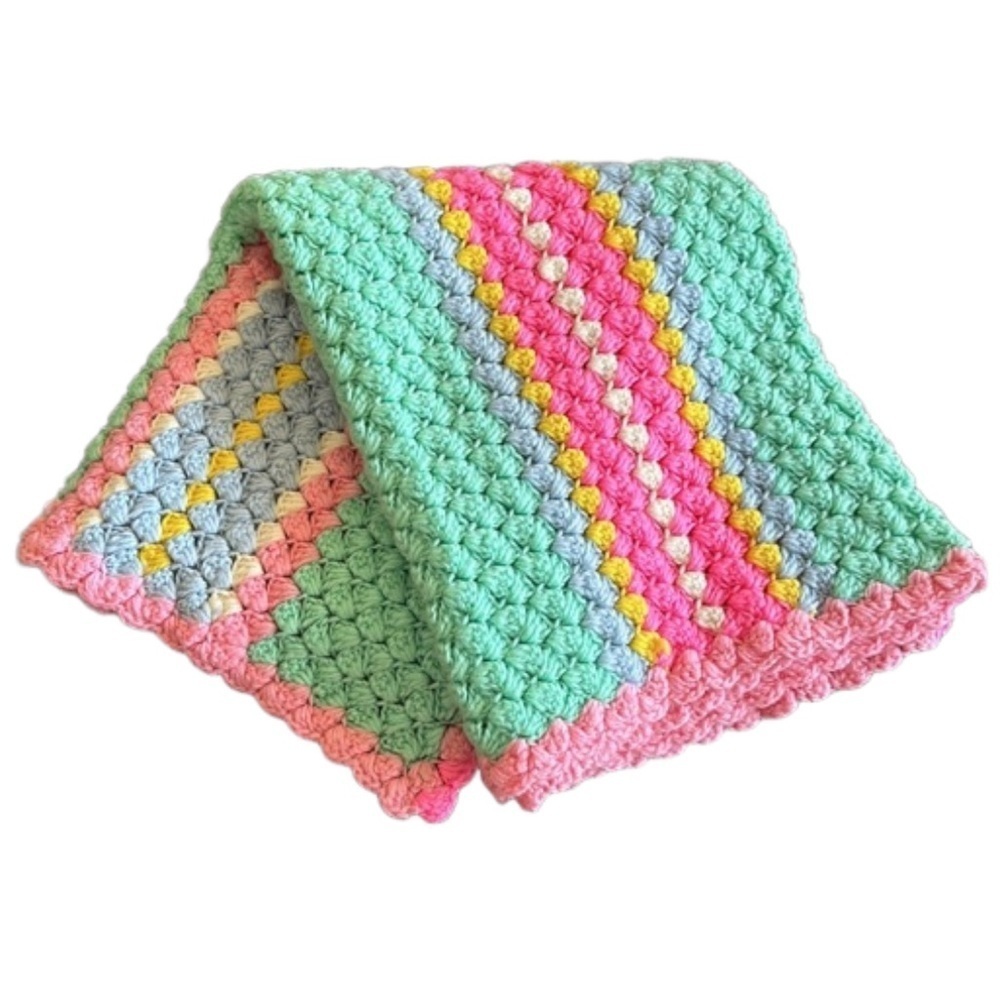 Handmade 58x32” Crochet Throw Lap Baby Blanket Blue Green White Pink Yellow Cozy